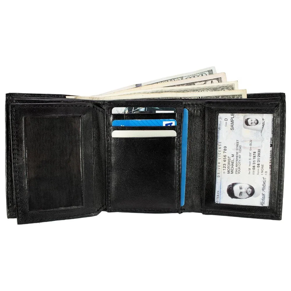 Men Wallet in Lambskin Leather Thin Trifold Black Classic Wallet